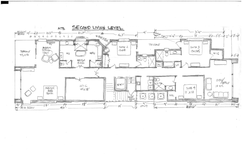 a blueprint of a second living level designed by Beacon Home Design.